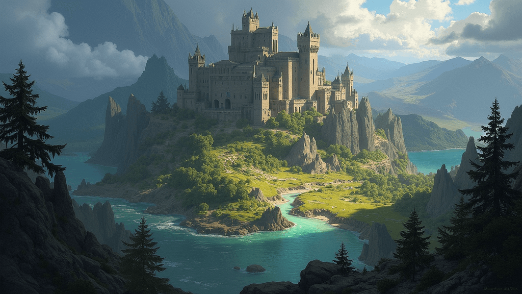 Concept art of a fantasy world map with castles and ruins under a dramatic sky