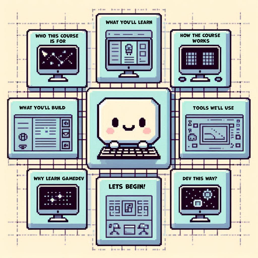 an image displaying all the sections in this page, with a cute themed figure in pixel art coding in the middle.