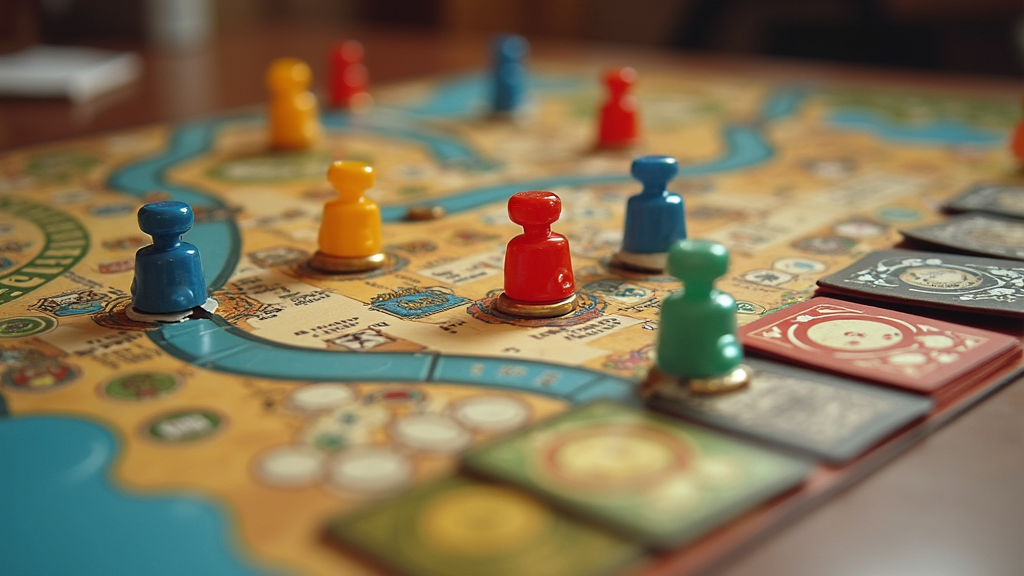 A board game setup with different colorful tokens, cards, and branching pathways, emphasizing choices and variability in gameplay