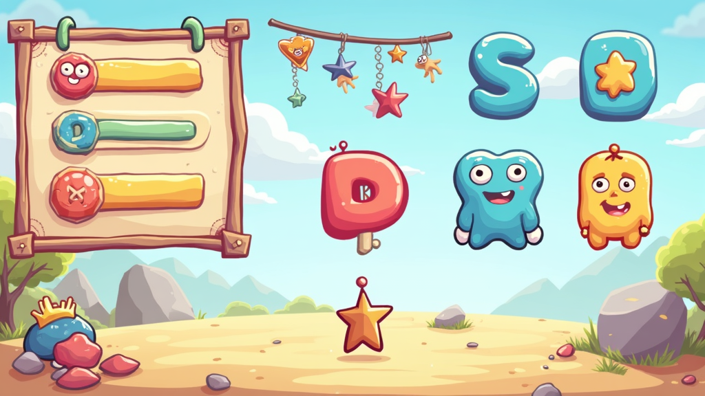 A bright and colorful indie game UI mockup featuring clear menus, minimal overlays, and inviting gameplay elements.