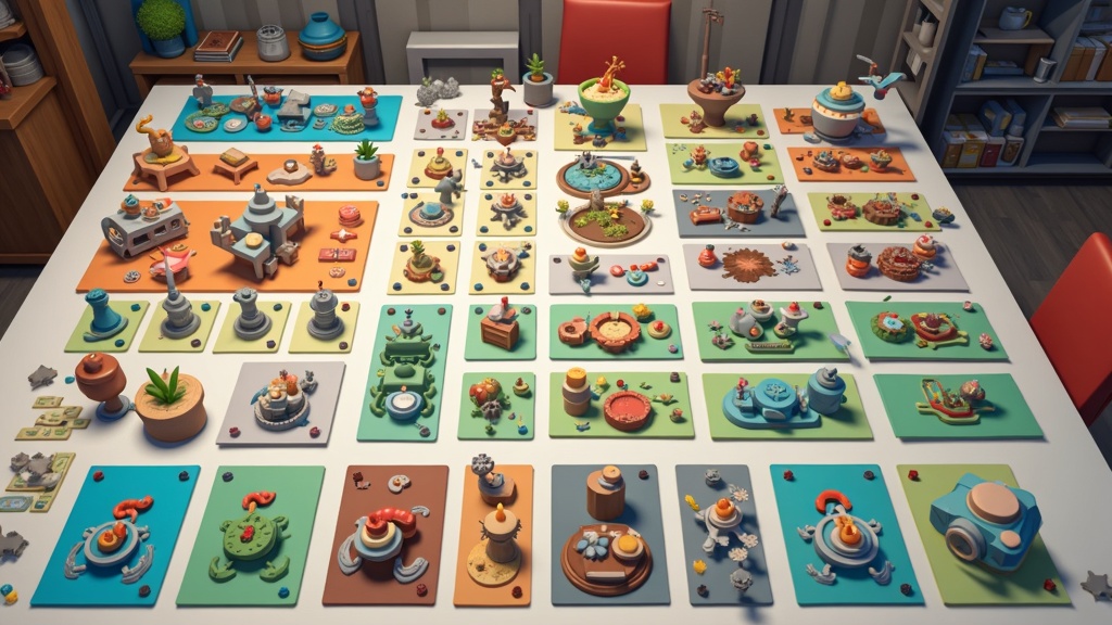A collection of game art assets in different styles, all laid out on a table: pixel art, hand-painted, 3D low poly, and vector illustrations, organized into tidy rows.