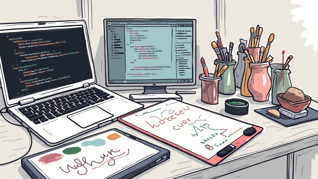 A digital illustration of a workspace featuring an artist's sketchpad, a laptop displaying code, paintbrushes, and a drawing tablet. An abstract blend of art supplies and digital coding elements.