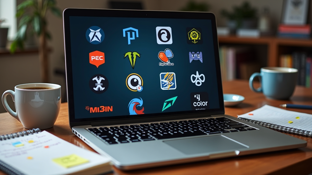 A laptop displaying different game engine logos on-screen, with sketchbooks, sticky notes, and coffee nearby on a tidy indie developer's desk.
