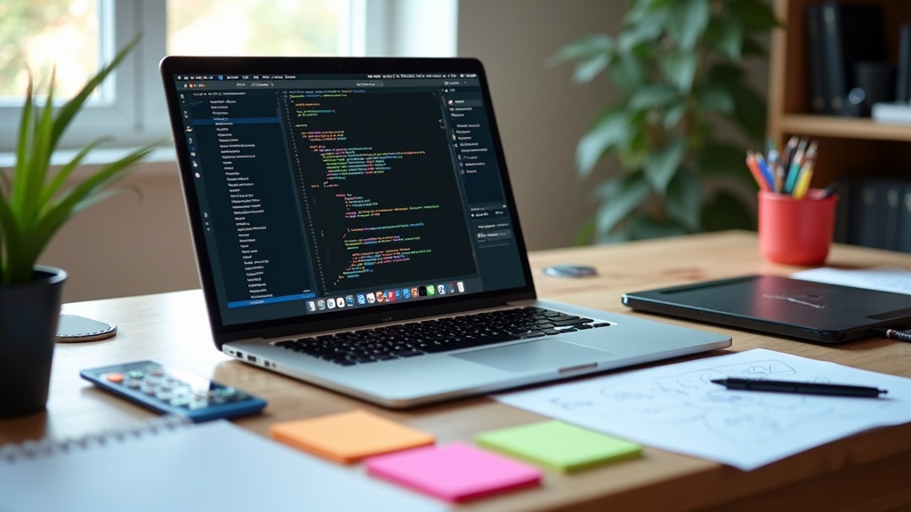 A laptop showing both code and a colorful design mockup on the screen, surrounded by sketchbooks, sticky notes, and a mug on a workspace with natural light.