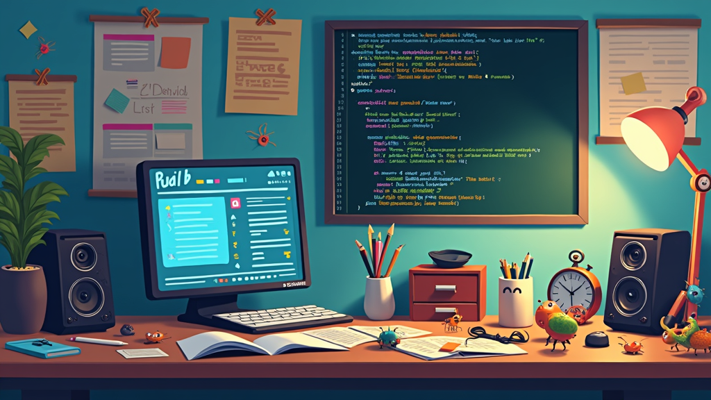A stylized indie game workspace with code, game assets, scattered sticky notes, and a growing to-do list. A digital calendar on the wall marks months passing, small bugs illustrated crawling near the code.