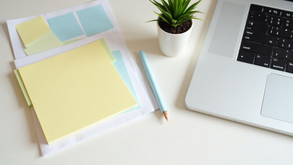 A tidy minimalist desktop setup with a computer, sticky notes, and a small potted plant, representing organized solo work.