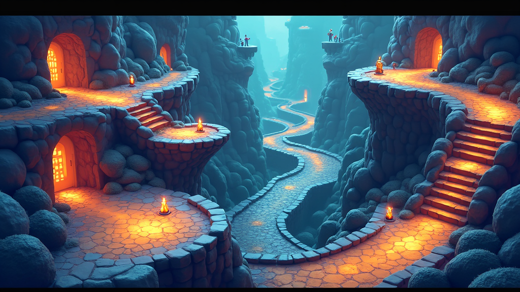 A vibrant game environment with winding pathways, secret nooks, and interactive elements, blending natural and architectural features.