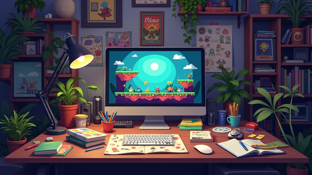 Pixel art of a game developer at a cluttered desk surrounded by notes, sketches, and game art, evoking a solo indie game development environment.