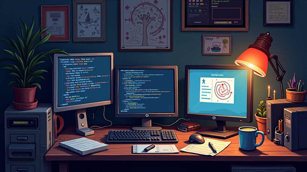 Pixel art workstation with code, coffee, and cozy lighting