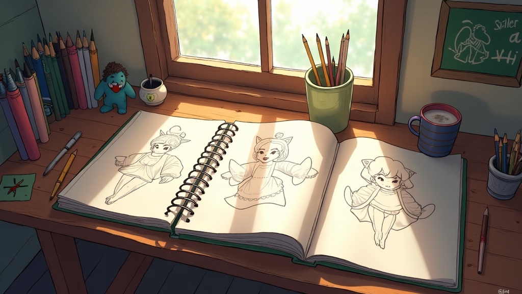Stylized work desk with open notebook, character sketches, color swatches, and a laptop showing a pixel art design program. Sunlight streams through a window with potted plants in the background.