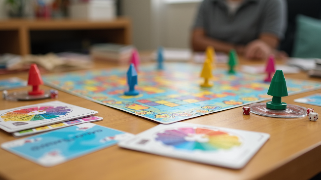 Tabletop board game pieces and cards on a wooden surface