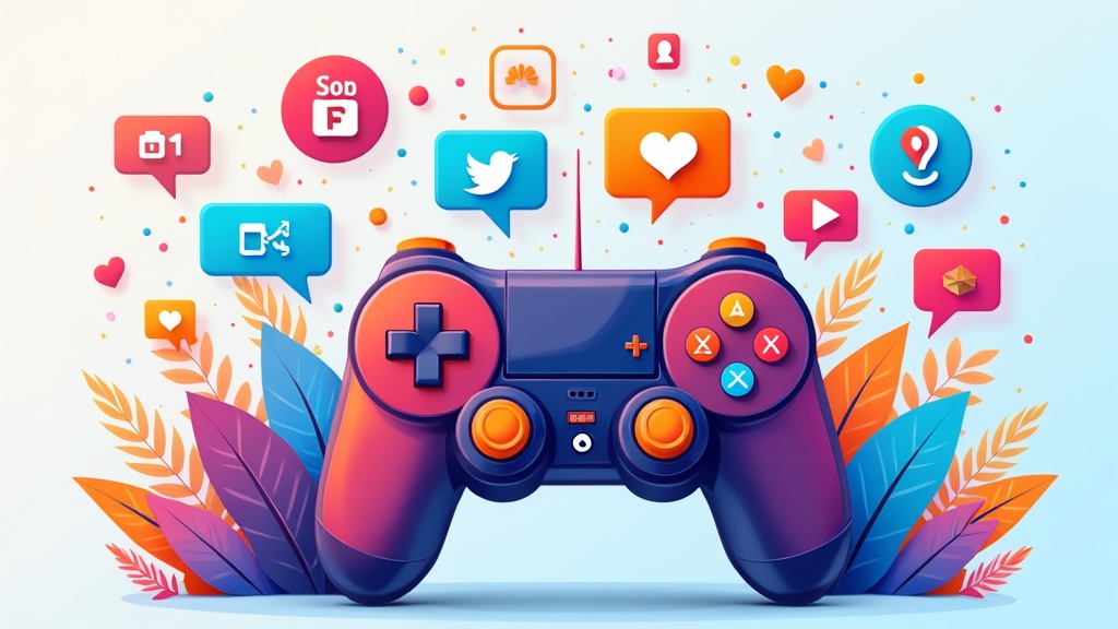 Colorful mockup of video game icons and social media elements with a game controller and chat bubbles.