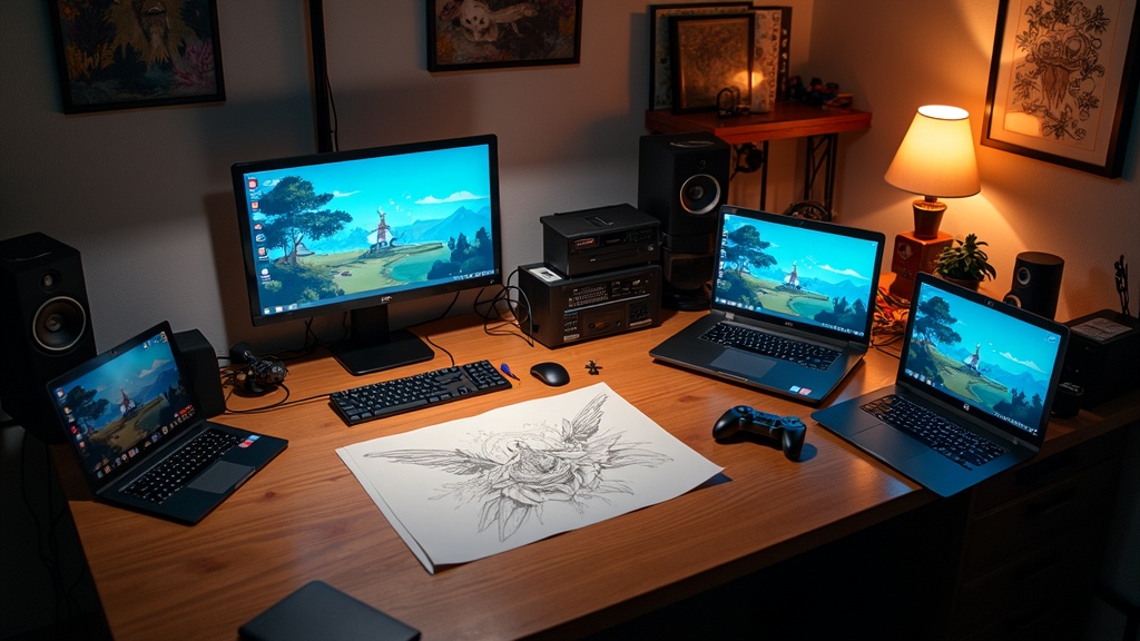 Indie game developer workspace with sketches, laptops, and game consoles on a desk.